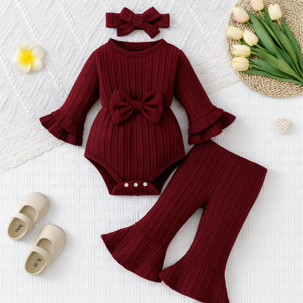Baby Girl Knitted Ruffle Outfit Set – Long Sleeve Bodysuit, Flared Pants & Headband