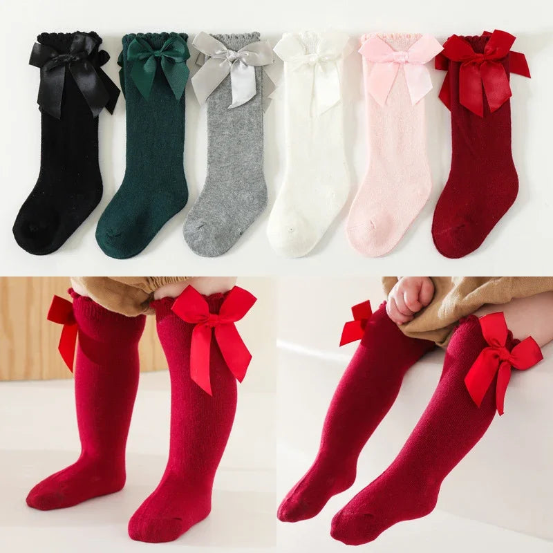 Baby Girls Knee-High Bow Socks – Soft Cotton Winter Long Socks for Toddlers & Infants