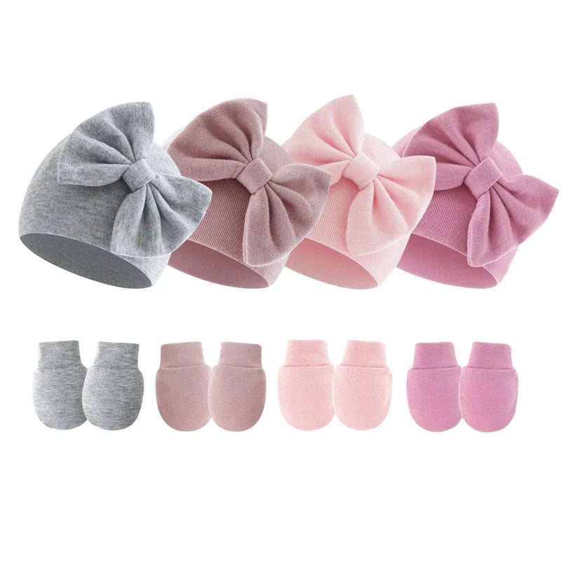 2Pcs Newborn Hat Gloves Set Princess Big Bow Baby Girl
