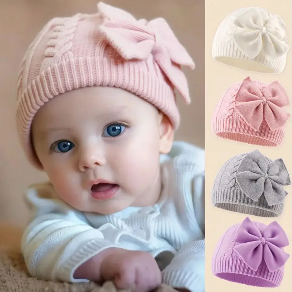 Baby Girls Winter Knitted Bow Hat – Soft Warm Beanie for Newborns & Toddlers
