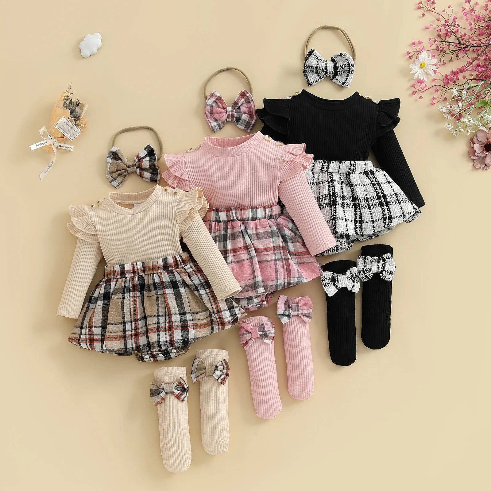 Baby Girls 3-Piece Plaid Outfit Set – Ribbed Top, Tartan Skirt & Bow Headband