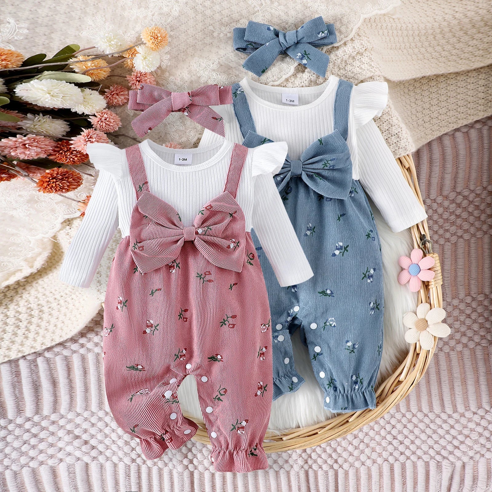 Baby Girl Floral Corduroy Romper Set with Bow – Long Sleeve Outfit with Matching Headband