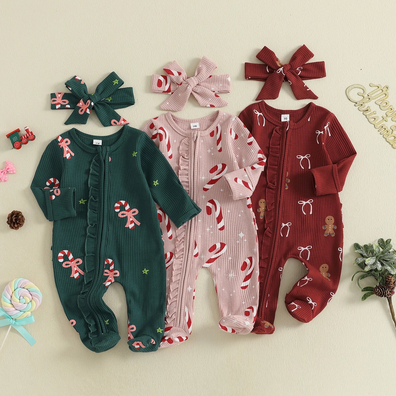 Baby Christmas Romper Set – Festive Candy Cane & Gingerbread Sleepsuit with Matching Bow