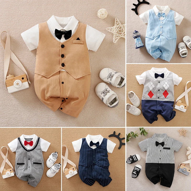 Baby Boys Formal Outfit Romper – Gentleman Suit Set with Bow Tie