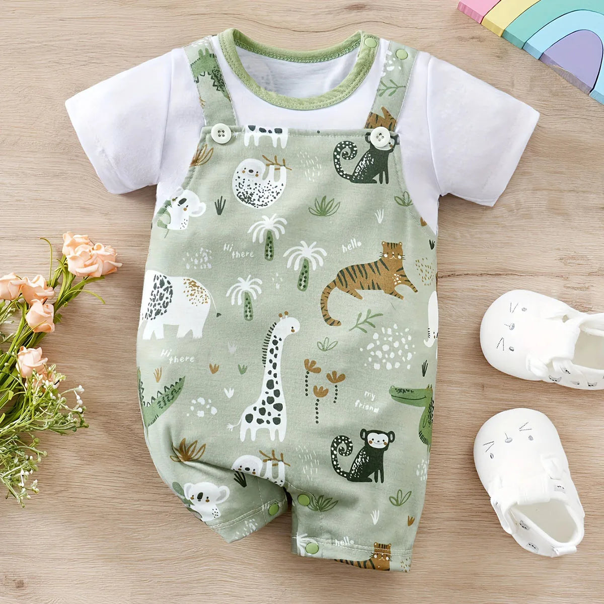 Baby Safari Print Romper Set – Short Sleeve Cotton Jungle Animals Outfit for Boys & Girls