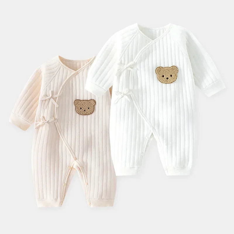 Bear Cotton Baby Romper Set with Hat — Soft Rib-Knit Long Sleeve Unisex Jumpsuit for Newborns & Toddlers