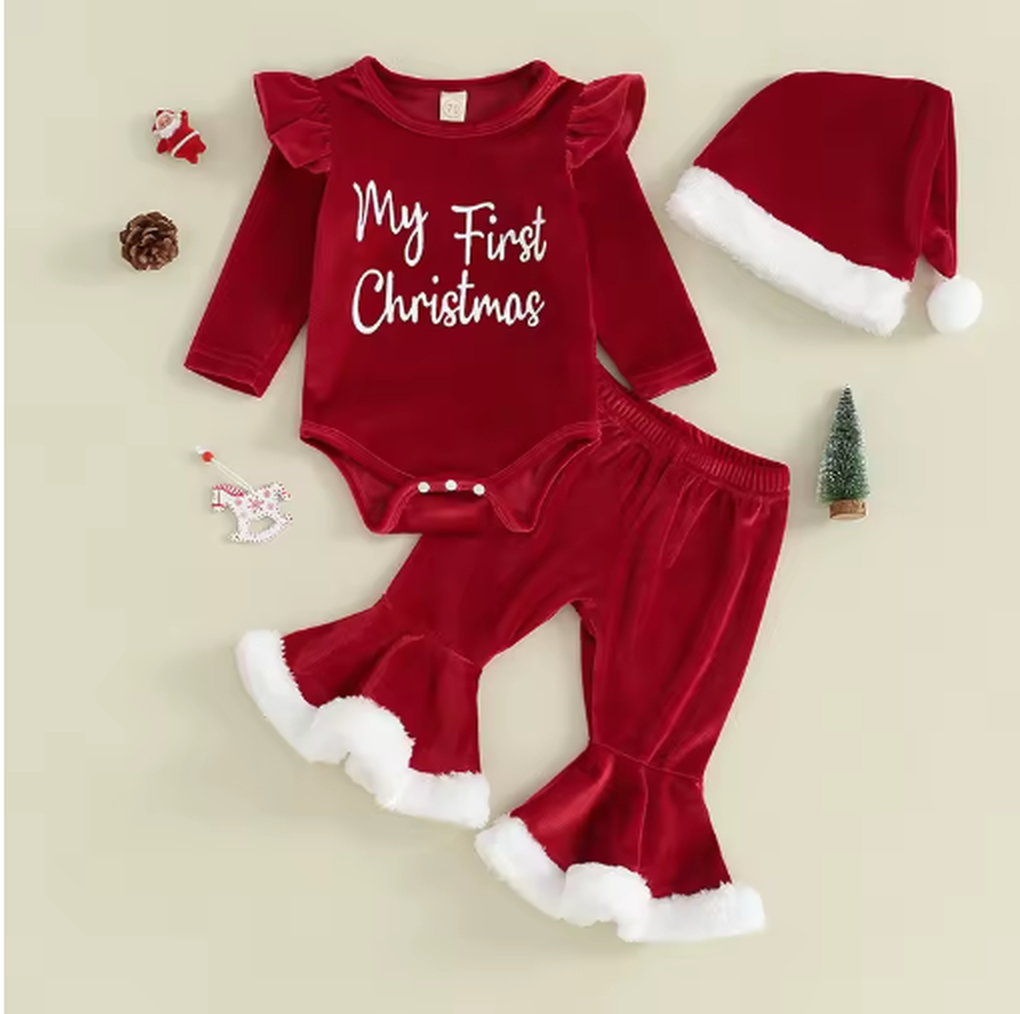 Baby Girl “My First Christmas” Outfit . Long Sleeve Romper, Flared Pants & Santa Hat Set