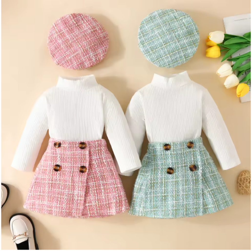 Baby Girls’ 3-Piece Winter Outfit . Ribbed Top, Plaid Skirt & Beret Hat.
