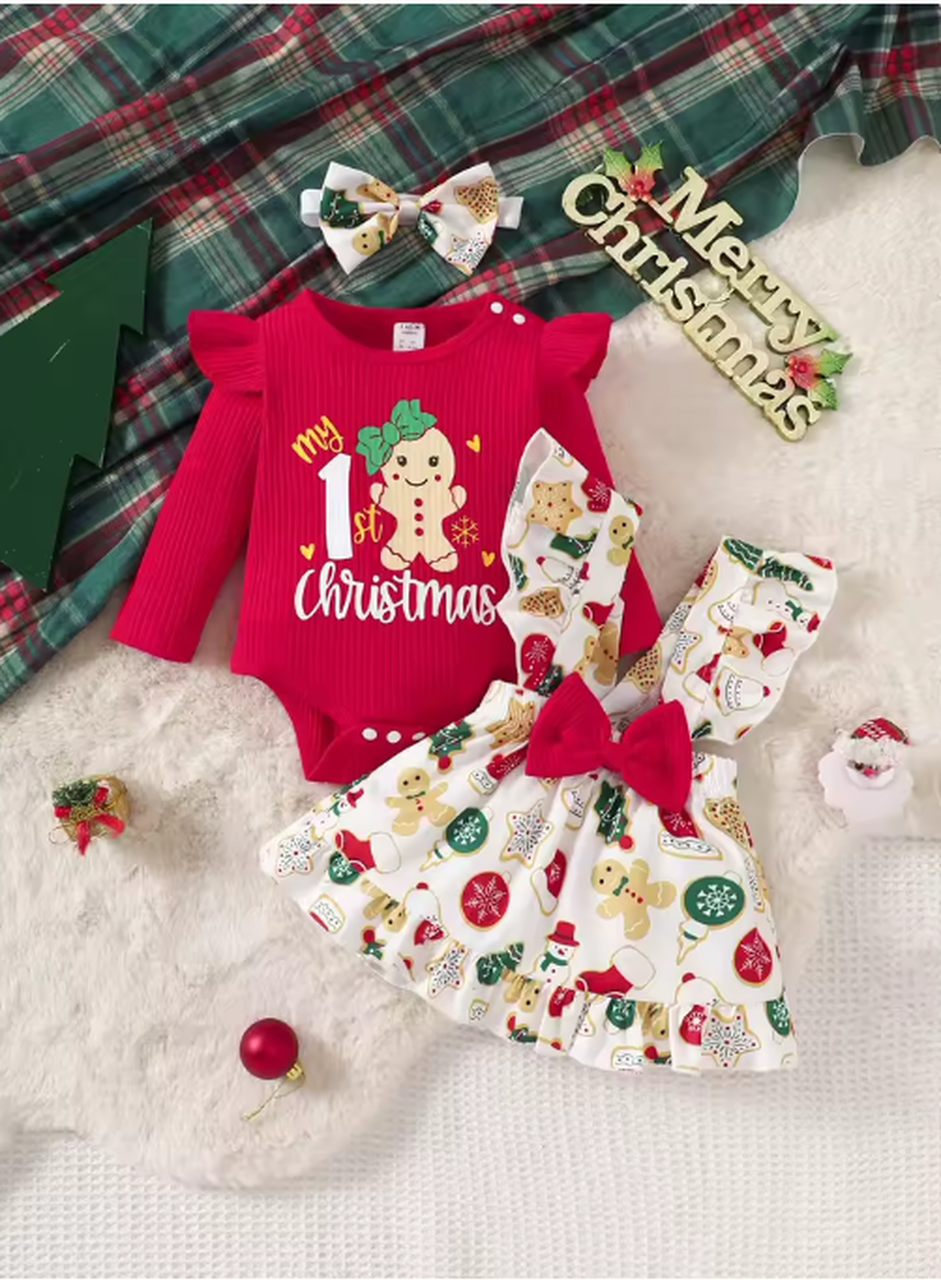My First Christmas Baby Outfit – Long Sleeve Top and Skirt with Bow.