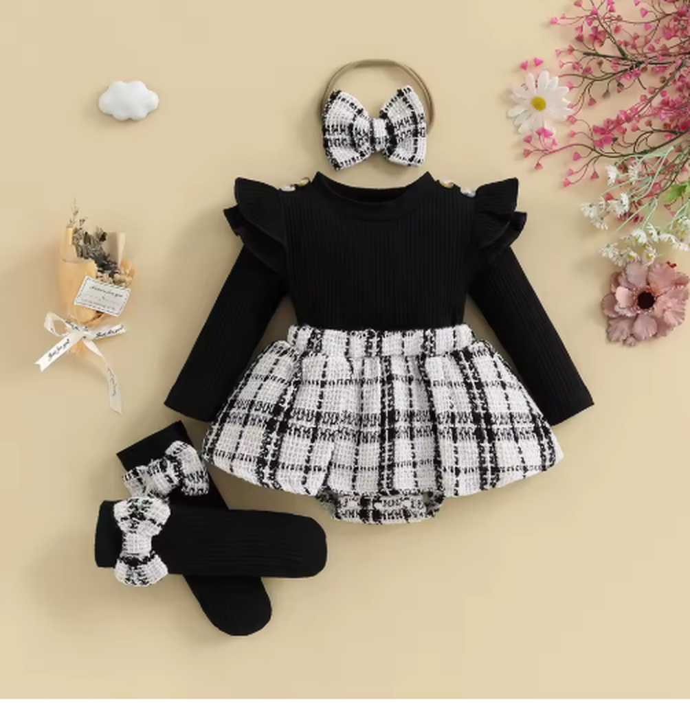 Baby Girl Autumn Outfit. Long Sleeve Bodysuit, Plaid Skirt, Headband & Socks Set