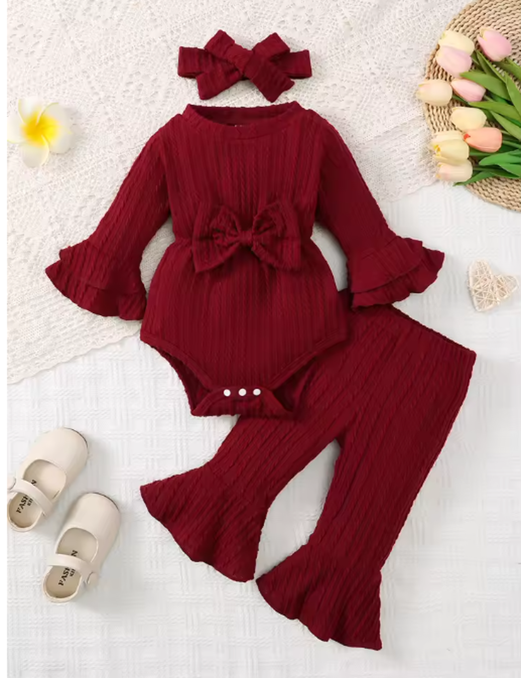 Baby Girl Autumn & Winter Outfit .Ribbed Romper with Bow, Flared Pants & Headband Set
