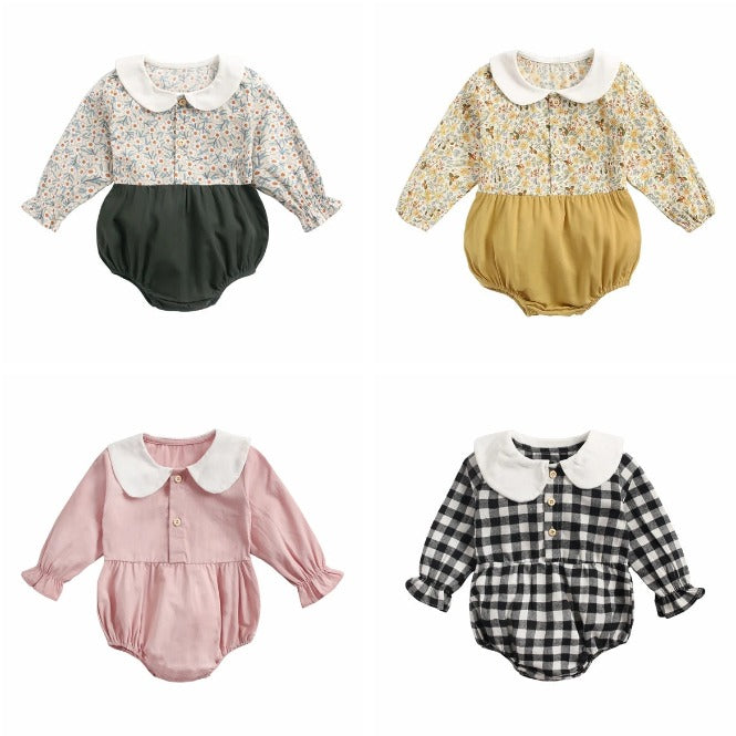Baby Girl Vintage Peter Pan Collar Romper – Long Sleeve Floral & Gingham Outfit