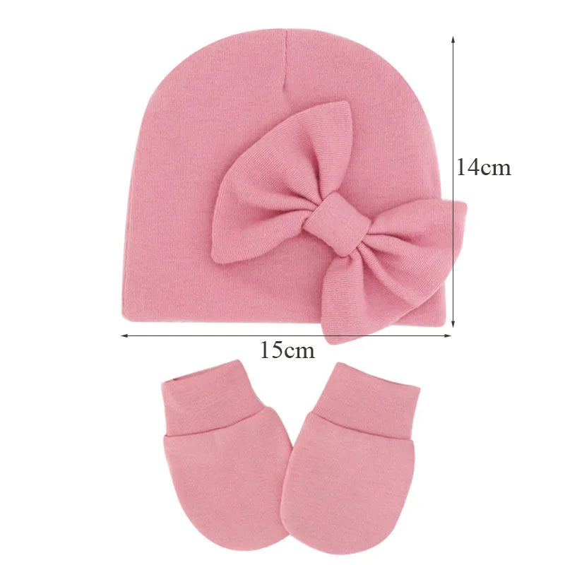 2Pcs Newborn Hat Gloves Set Princess Big Bow Baby Girl