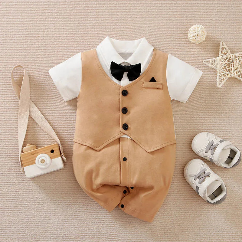 Baby Boys Formal Outfit Romper – Gentleman Suit Set with Bow Tie