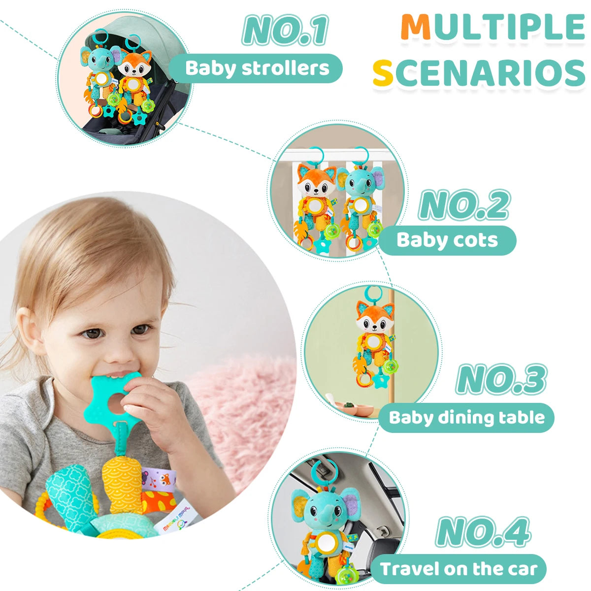 Fox & Elephant Sensory Clip-On Toys