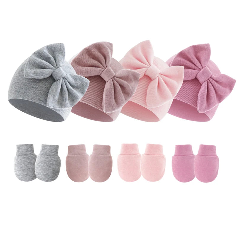 2Pcs Newborn Hat Gloves Set Princess Big Bow Baby Girl