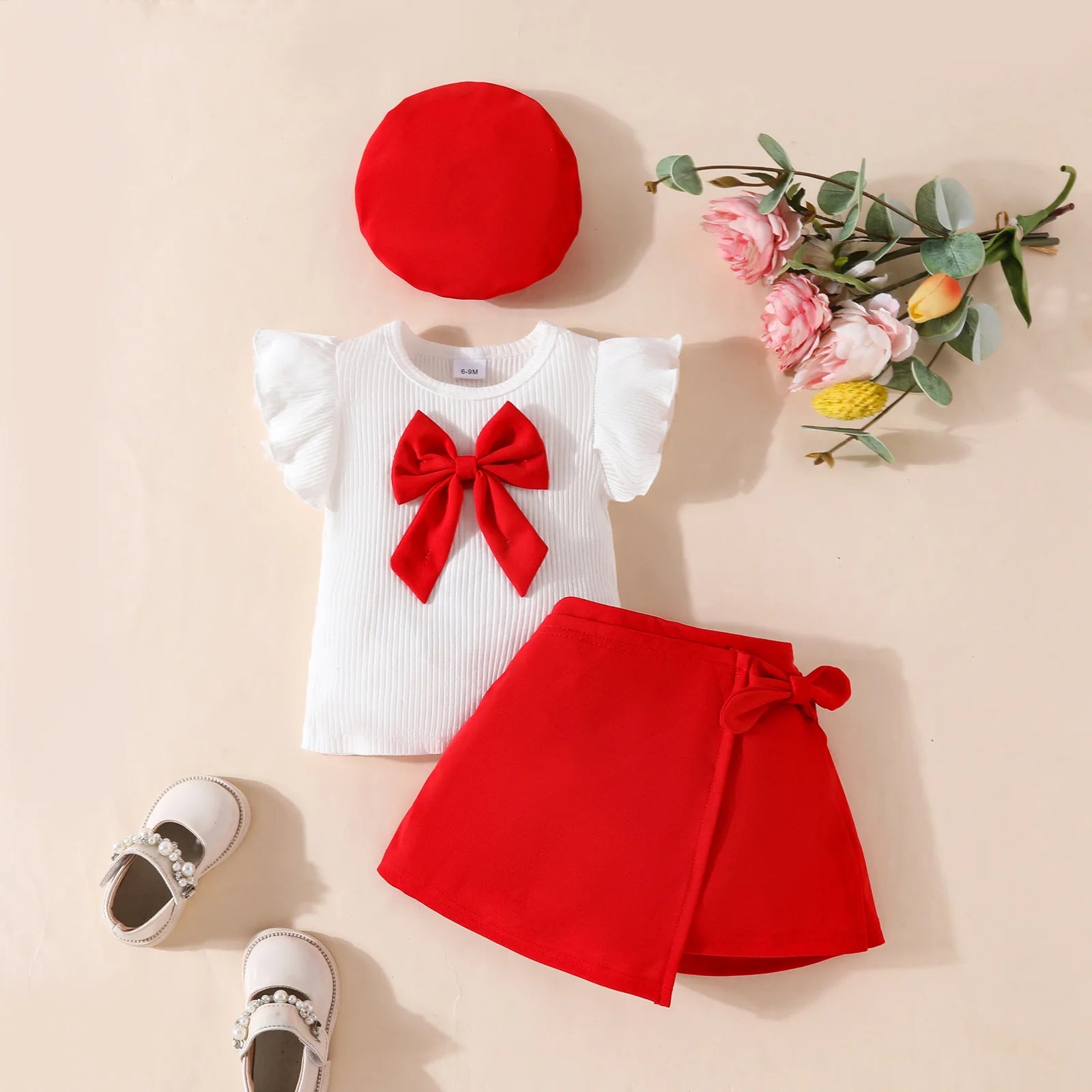 Baby Girl Red Bow Outfit Set – Long Sleeve Top, Skirt & Beret