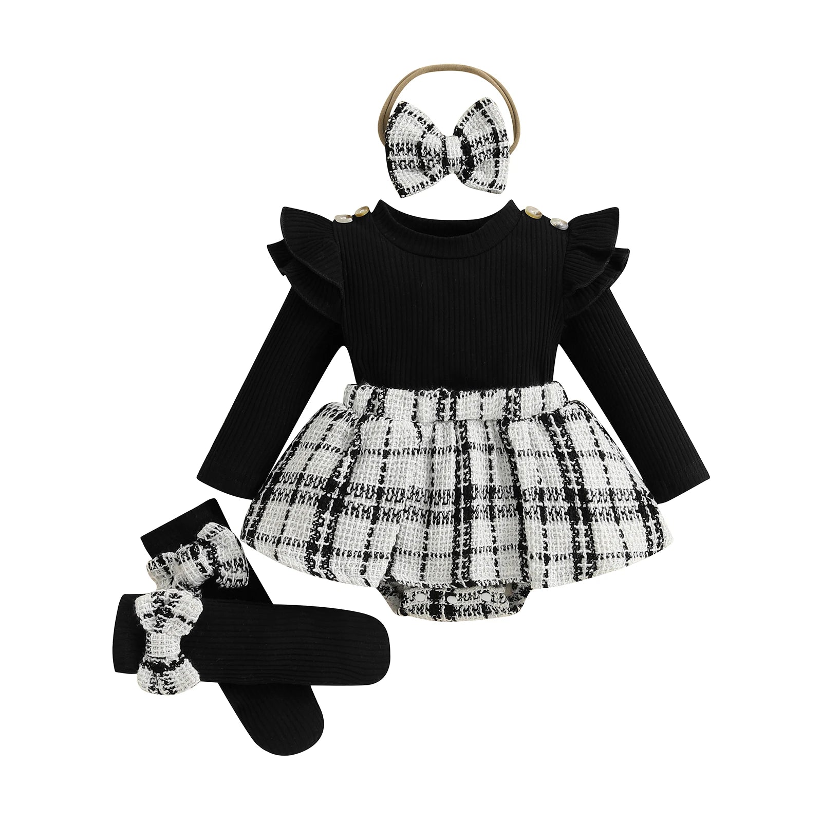 Baby Girls 3-Piece Plaid Outfit Set – Ribbed Top, Tartan Skirt & Bow Headband