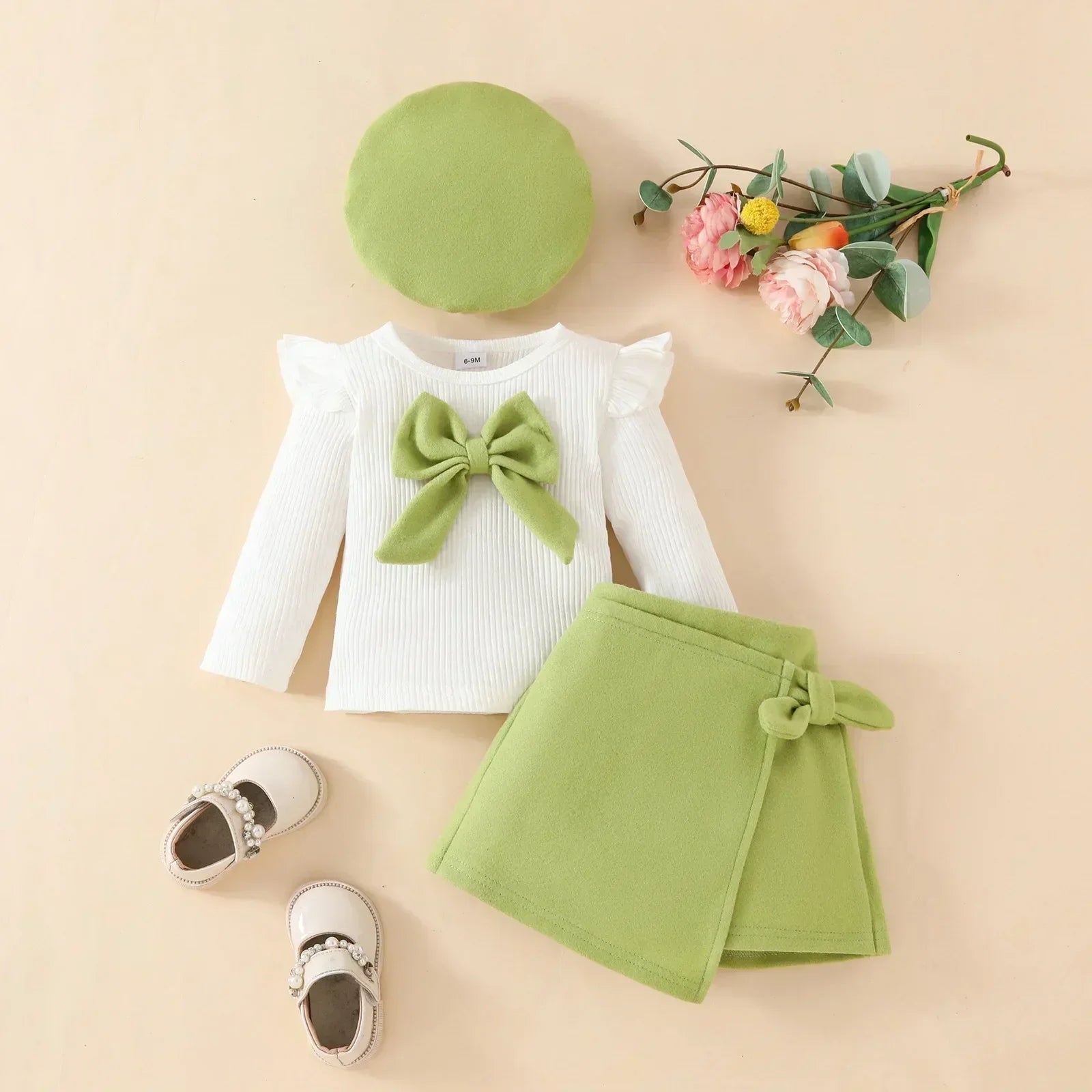 Baby Girl Red Bow Outfit Set – Long Sleeve Top, Skirt & Beret