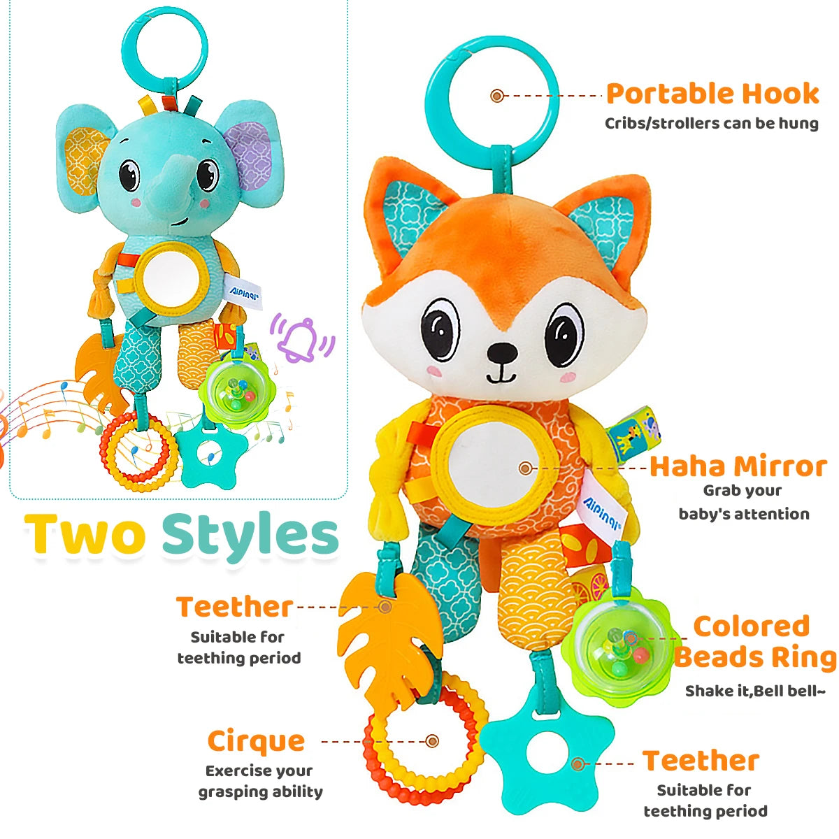 Fox & Elephant Sensory Clip-On Toys