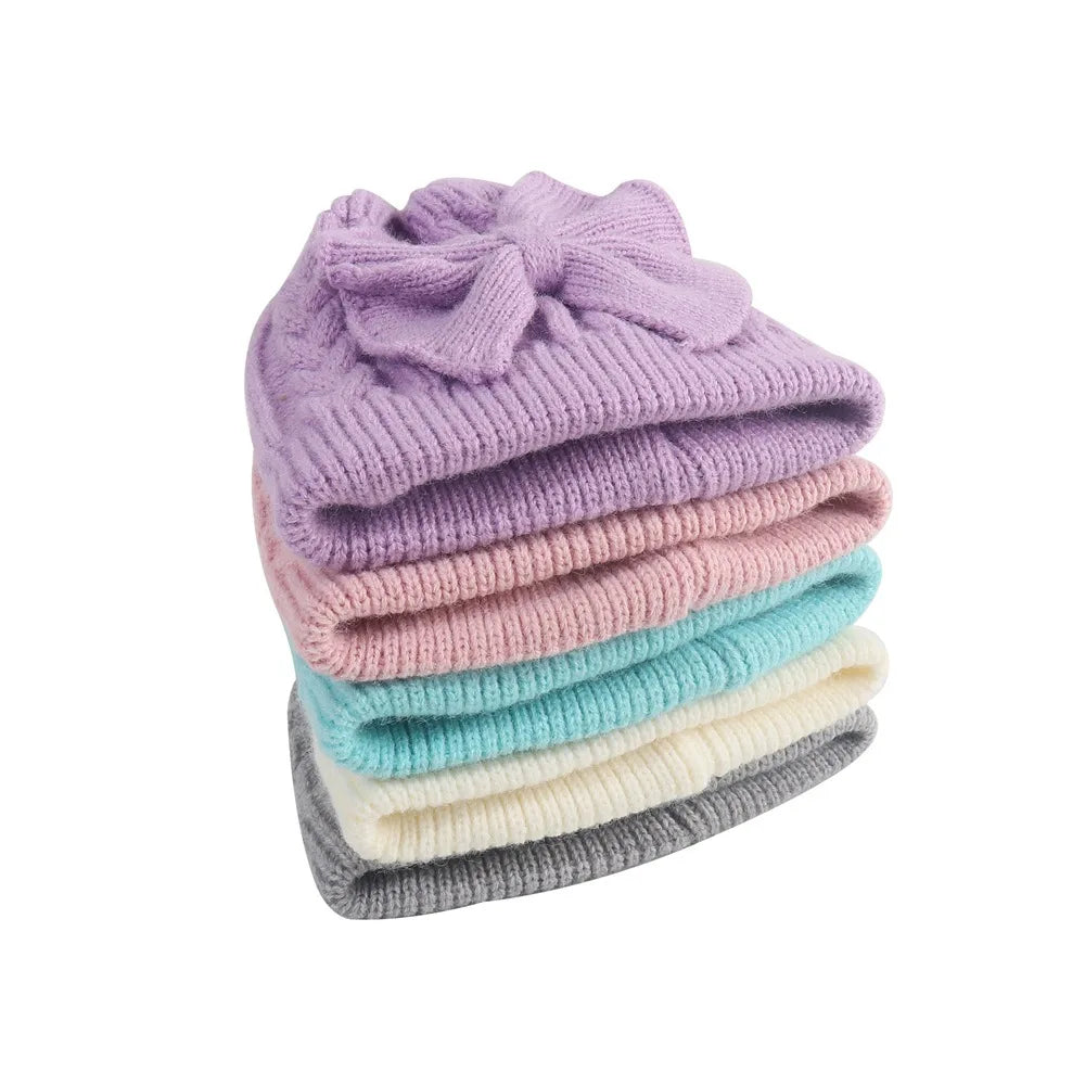 Baby Girls Winter Knitted Bow Hat – Soft Warm Beanie for Newborns & Toddlers