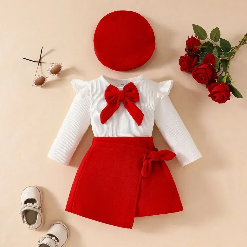 Baby Girl Red Bow Outfit Set – Long Sleeve Top, Skirt & Beret