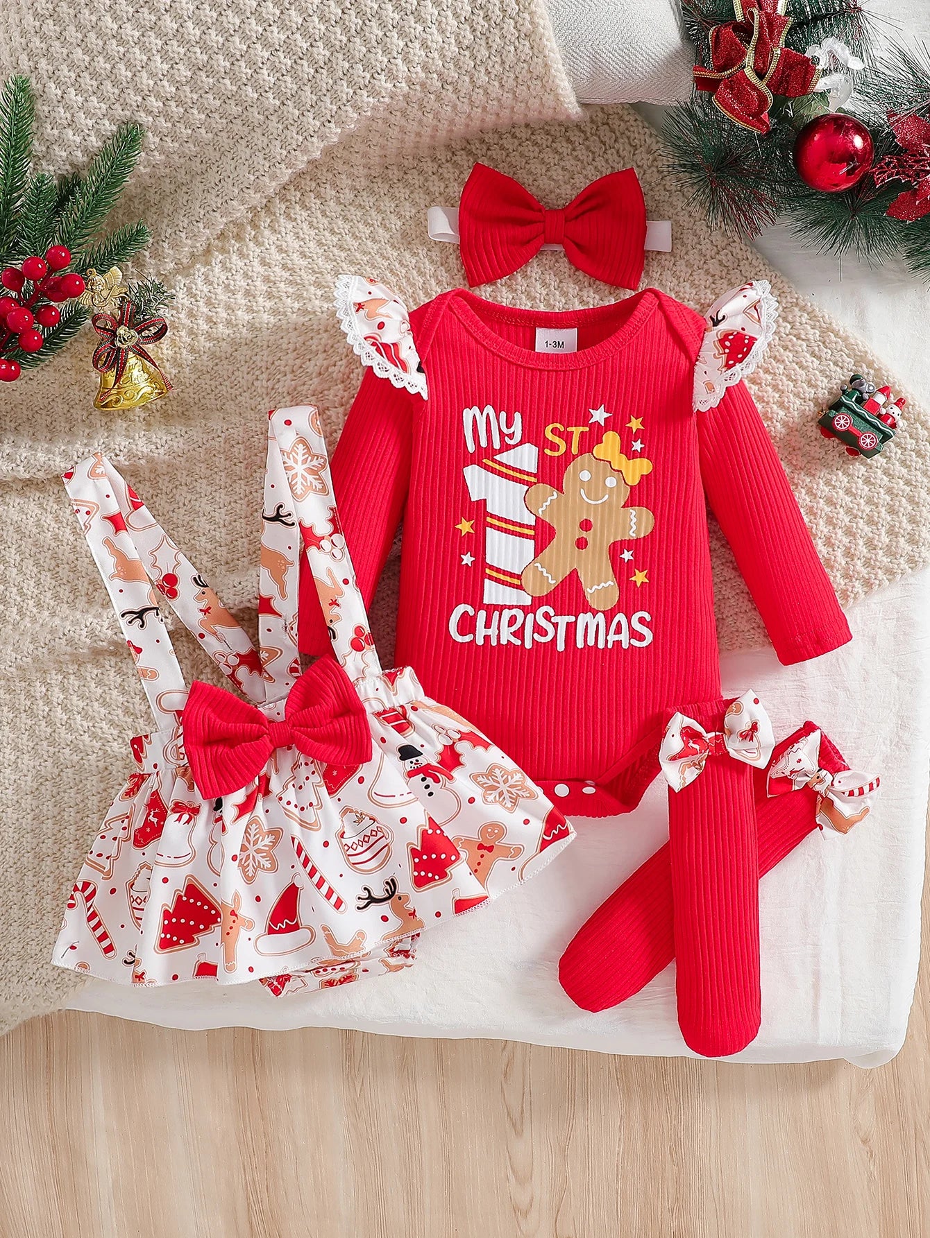 Baby Girl Christmas Outfit Set – My First Christmas Romper, Skirt & Bow