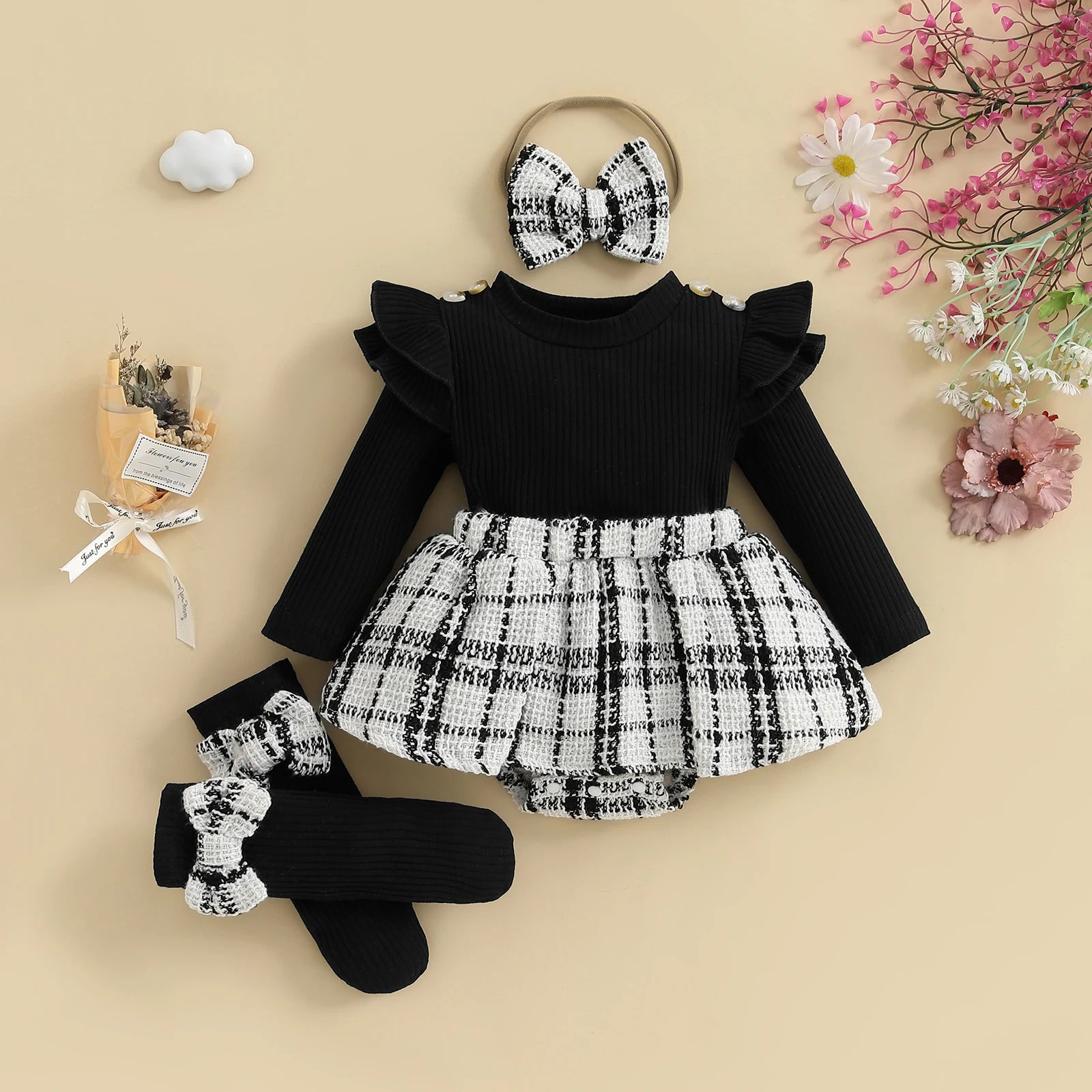 Baby Girls 3-Piece Plaid Outfit Set – Ribbed Top, Tartan Skirt & Bow Headband