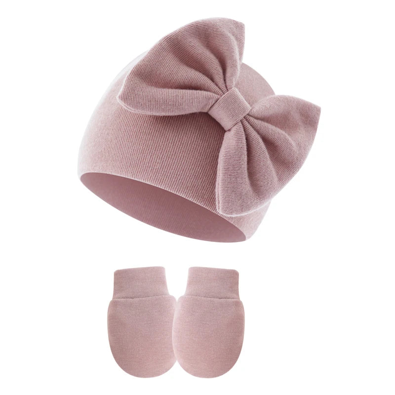2Pcs Newborn Hat Gloves Set Princess Big Bow Baby Girl