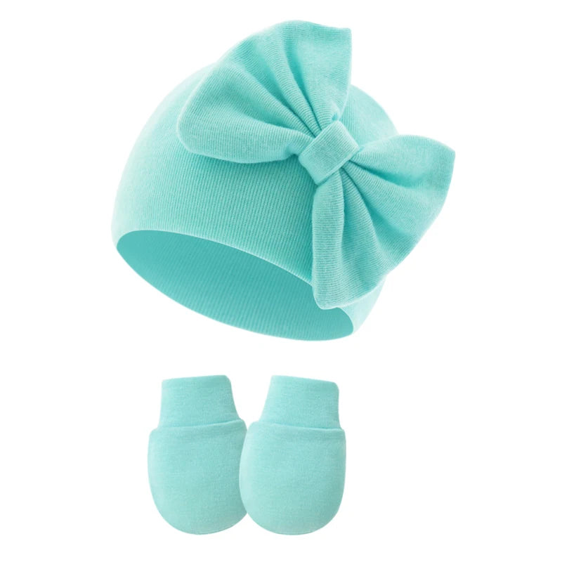 2Pcs Newborn Hat Gloves Set Princess Big Bow Baby Girl