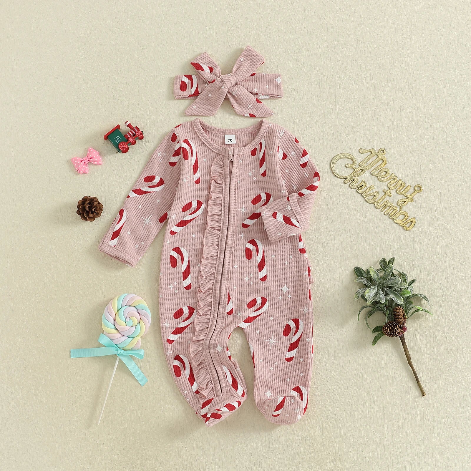 Baby Christmas Romper Set – Festive Candy Cane & Gingerbread Sleepsuit with Matching Bow