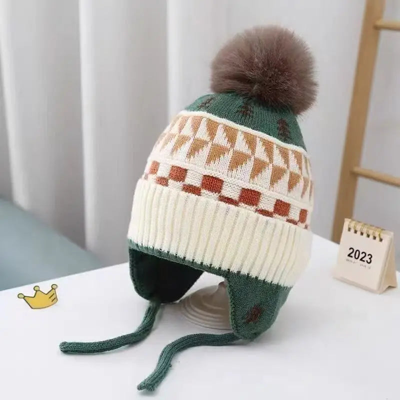 Baby Winter Earflap Beanie with Pom Pom – Soft Warm Knitted Hat (1–4Y)