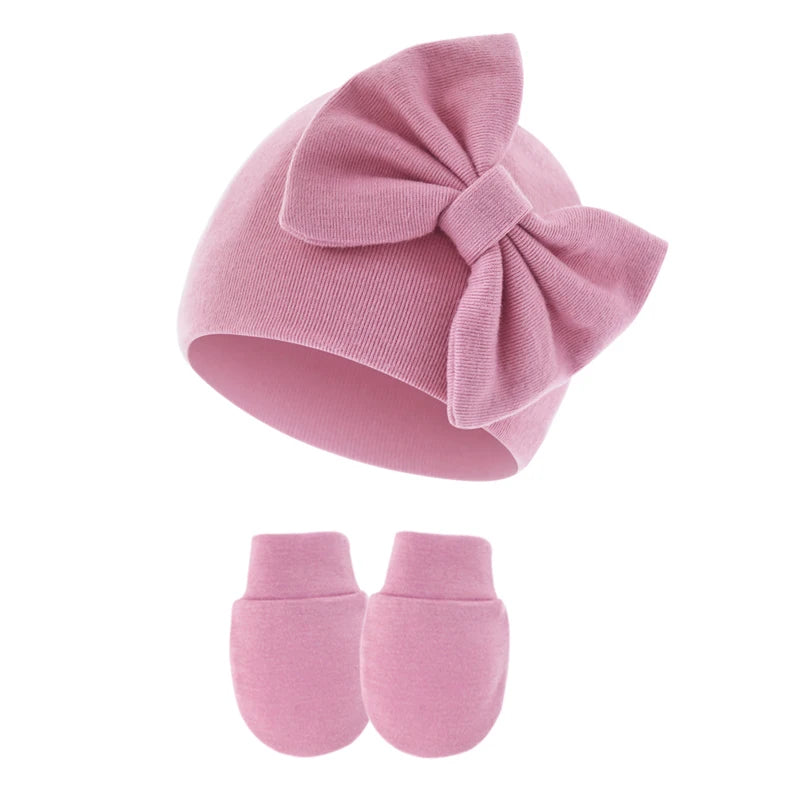 2Pcs Newborn Hat Gloves Set Princess Big Bow Baby Girl