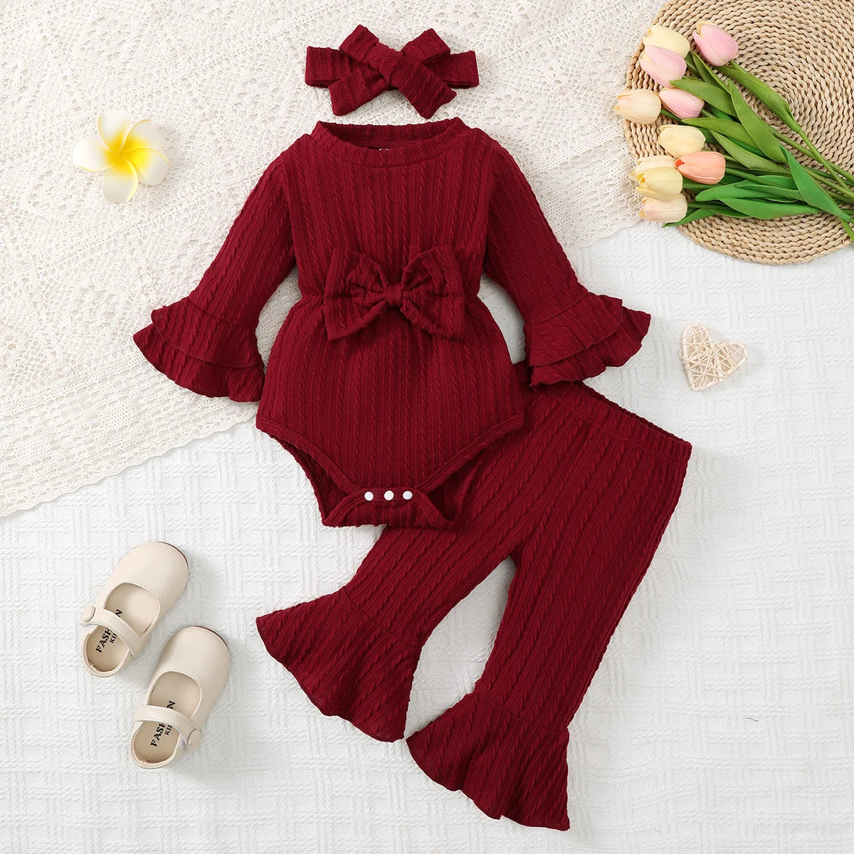 Baby Girl Knitted Ruffle Outfit Set – Long Sleeve Bodysuit, Flared Pants & Headband