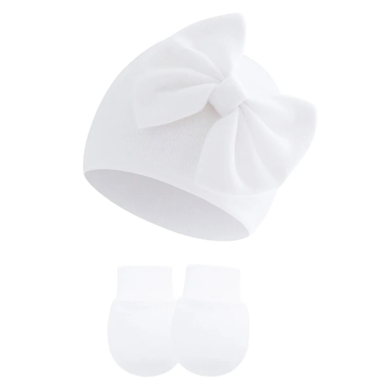 2Pcs Newborn Hat Gloves Set Princess Big Bow Baby Girl