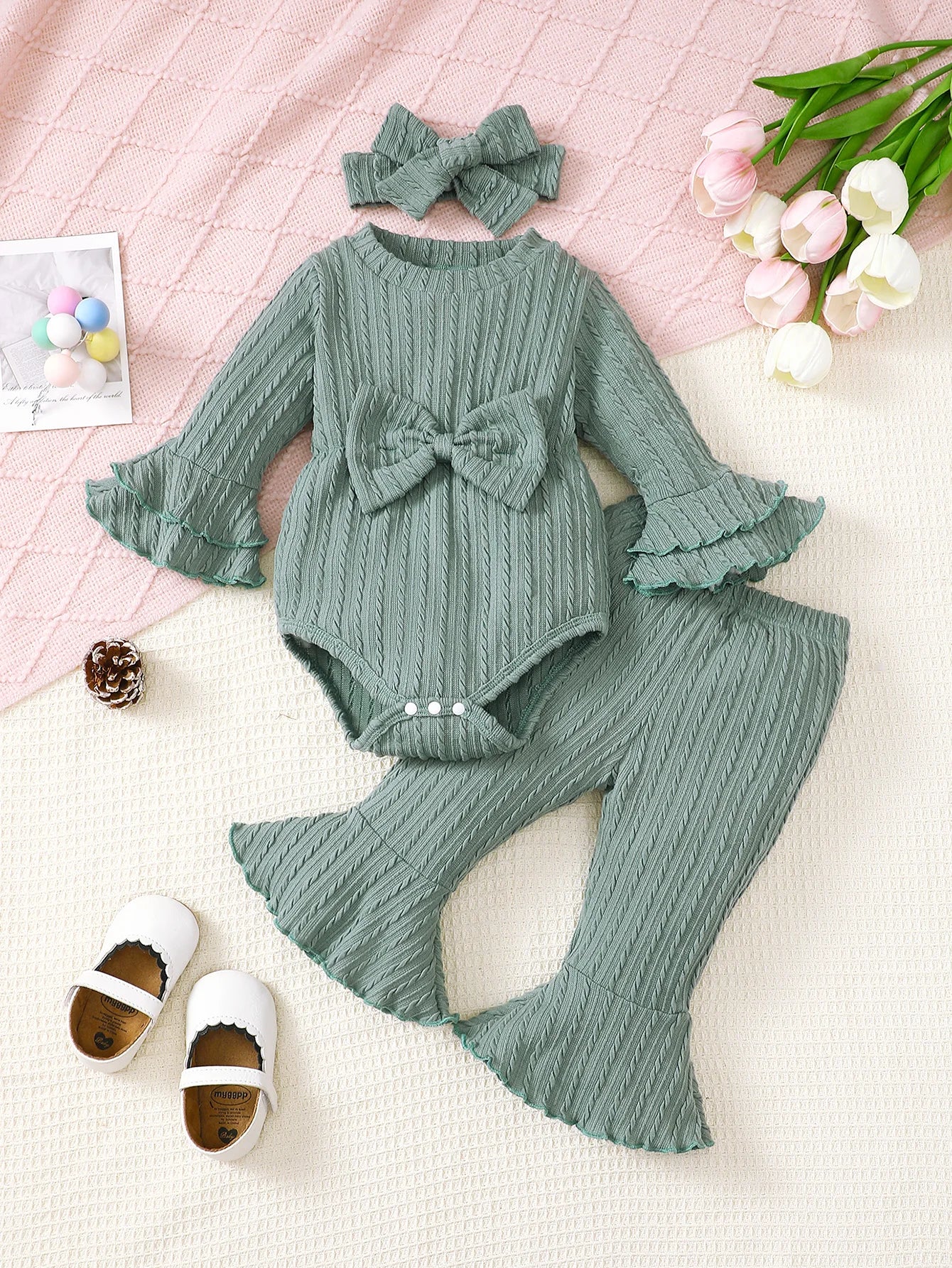 Baby Girl Knitted Ruffle Outfit Set – Long Sleeve Bodysuit, Flared Pants & Headband