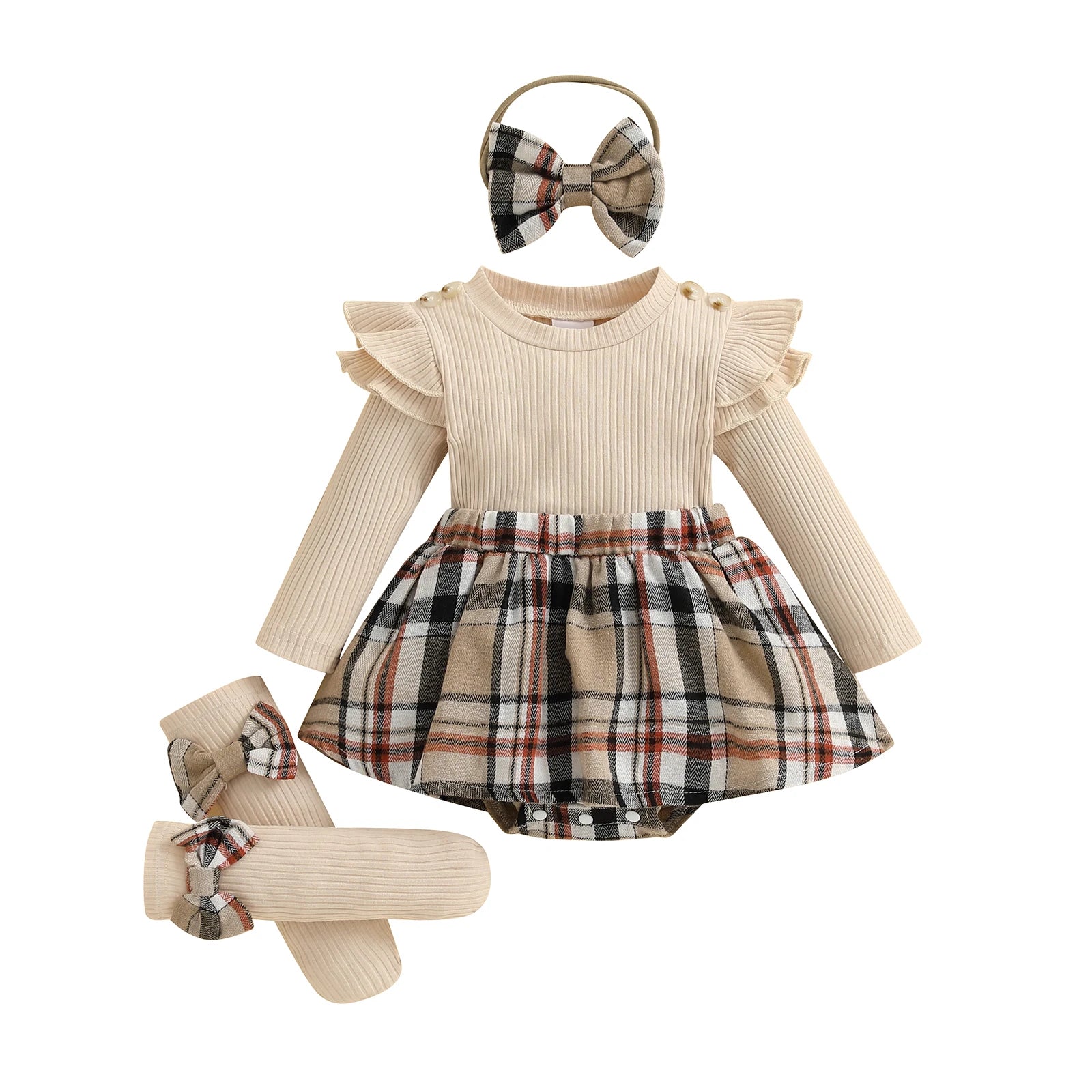 Baby Girls 3-Piece Plaid Outfit Set – Ribbed Top, Tartan Skirt & Bow Headband