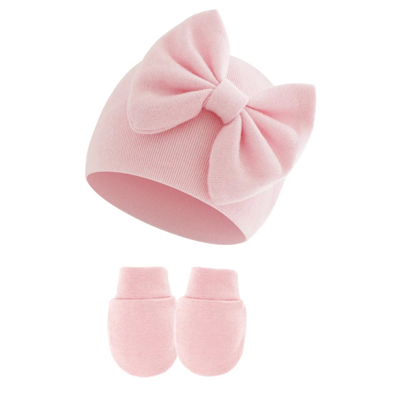 2Pcs Newborn Hat Gloves Set Princess Big Bow Baby Girl