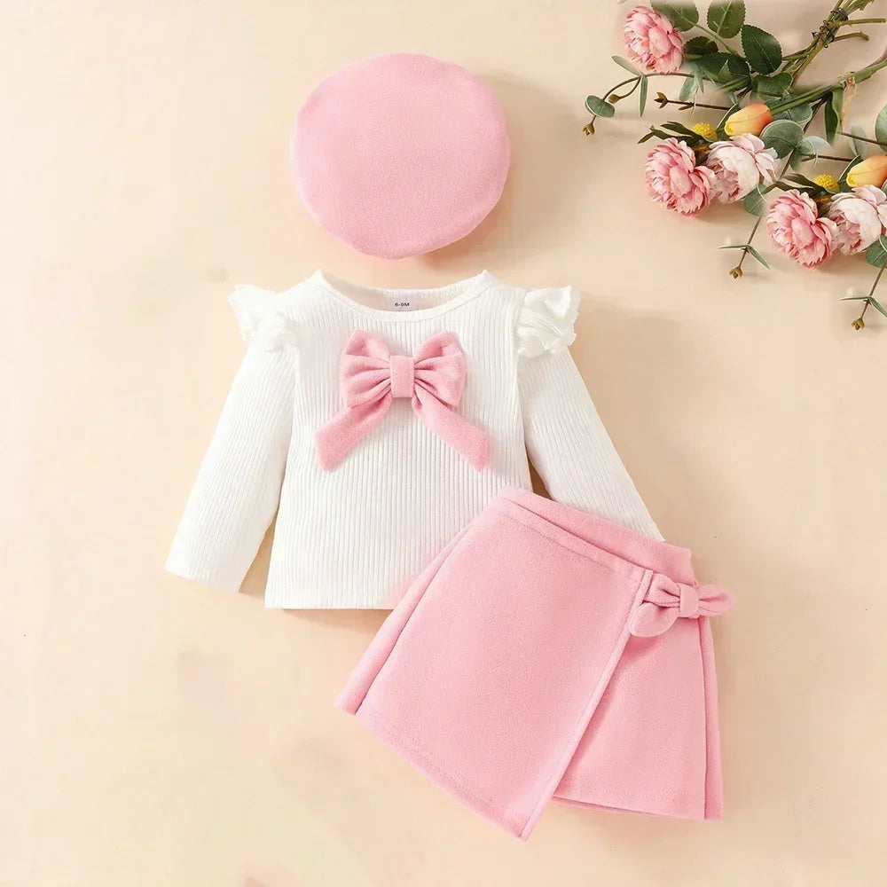 Baby Girl Red Bow Outfit Set – Long Sleeve Top, Skirt & Beret