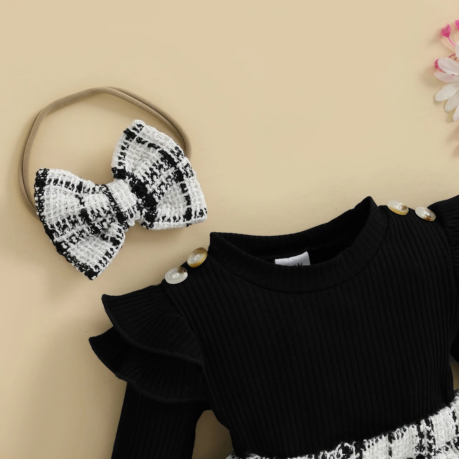 Baby Girls 3-Piece Plaid Outfit Set – Ribbed Top, Tartan Skirt & Bow Headband