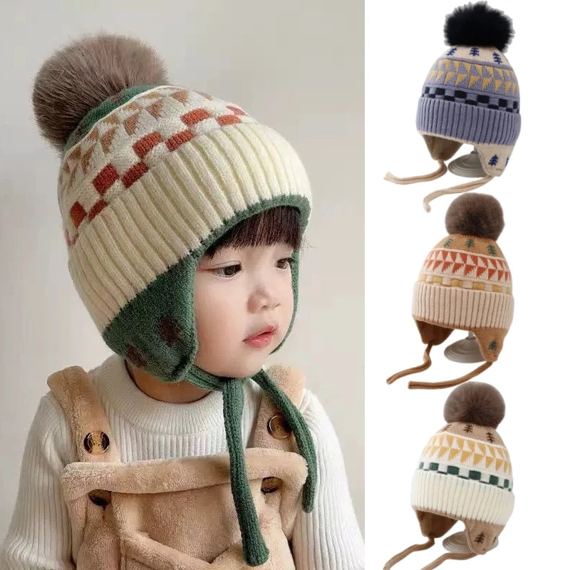 Baby Winter Earflap Beanie with Pom Pom – Soft Warm Knitted Hat (1–4Y)