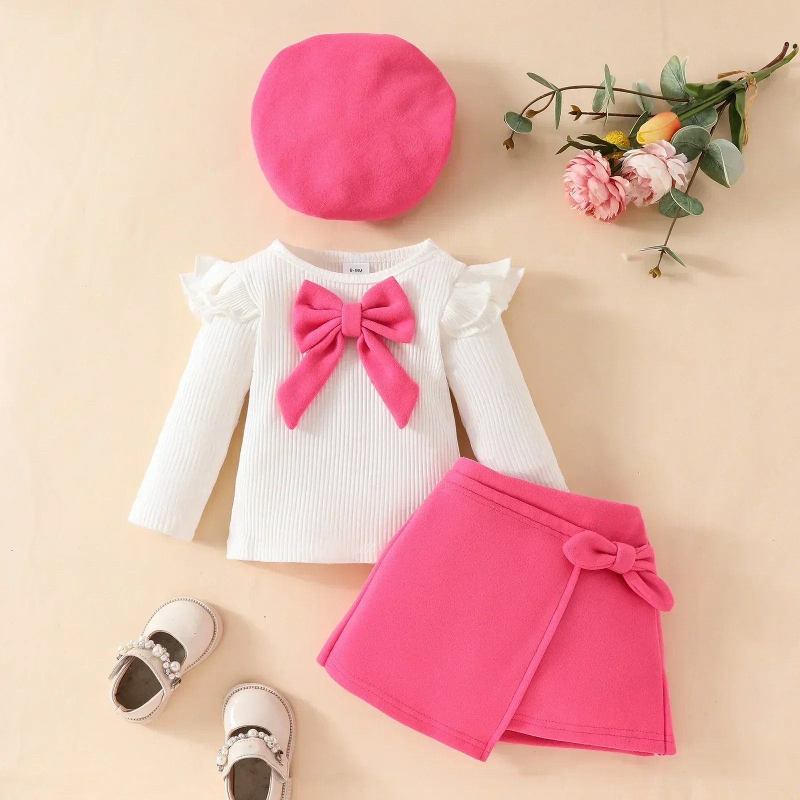 Baby Girl Red Bow Outfit Set – Long Sleeve Top, Skirt & Beret