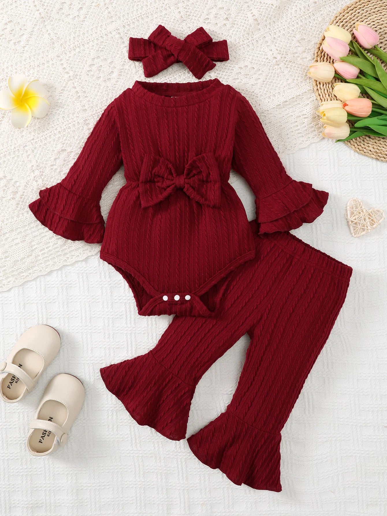 Baby Girl Knitted Ruffle Outfit Set – Long Sleeve Bodysuit, Flared Pants & Headband