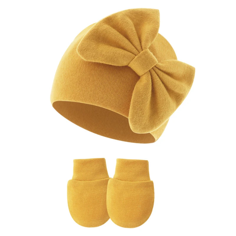 2Pcs Newborn Hat Gloves Set Princess Big Bow Baby Girl