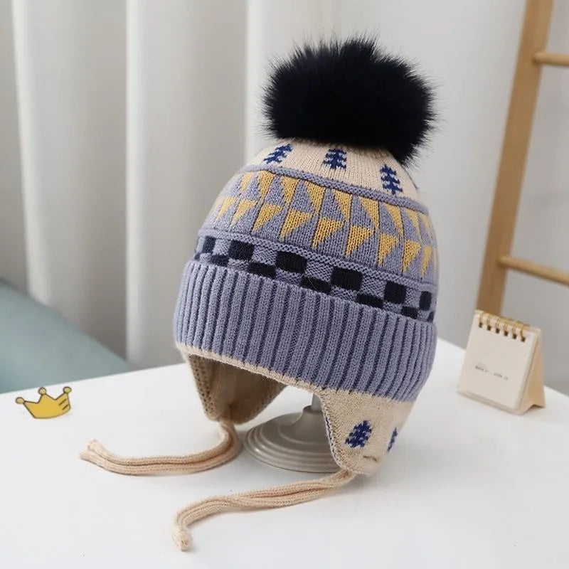 Baby Winter Earflap Beanie with Pom Pom – Soft Warm Knitted Hat (1–4Y)