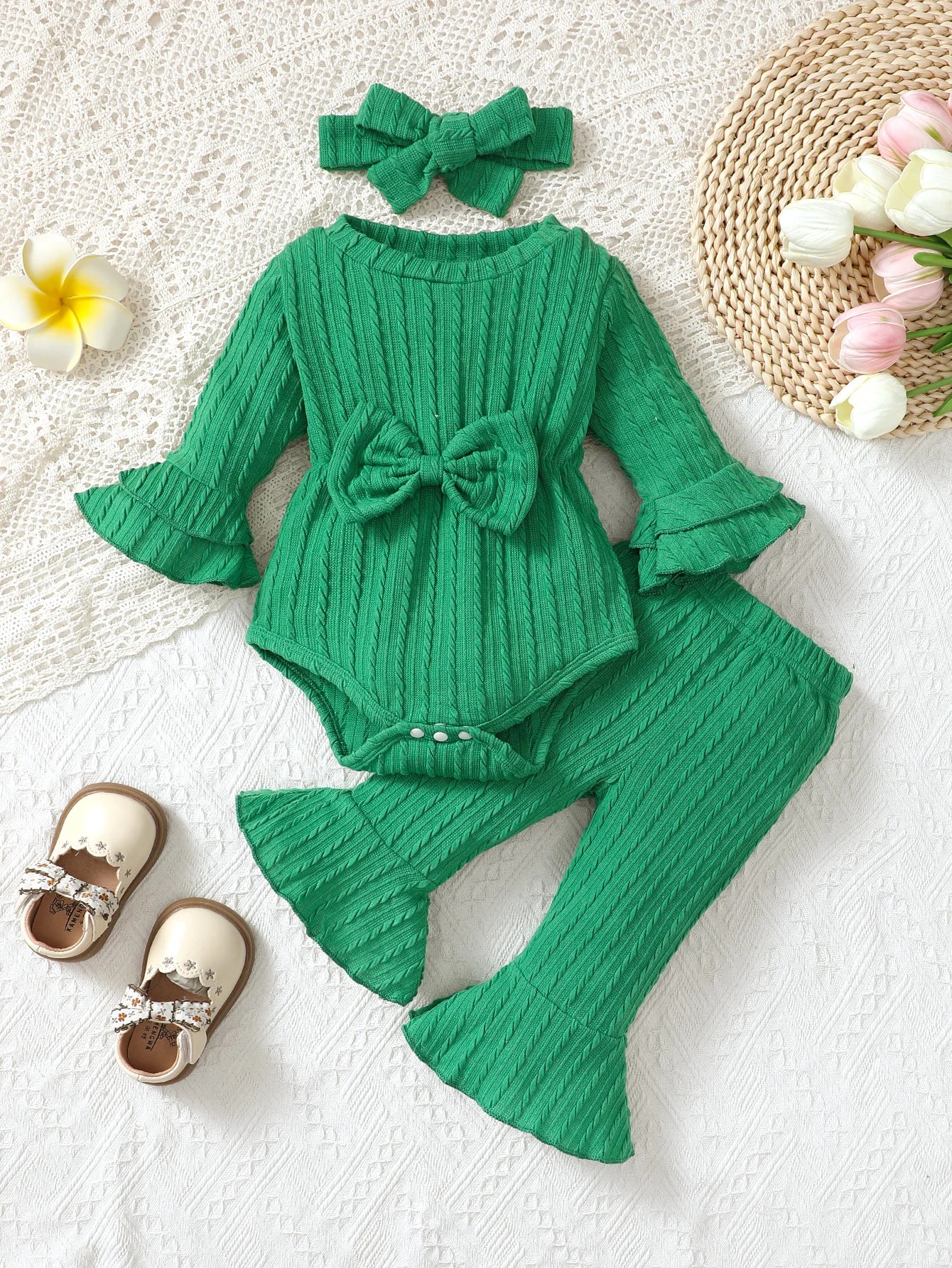 Baby Girl Knitted Ruffle Outfit Set – Long Sleeve Bodysuit, Flared Pants & Headband