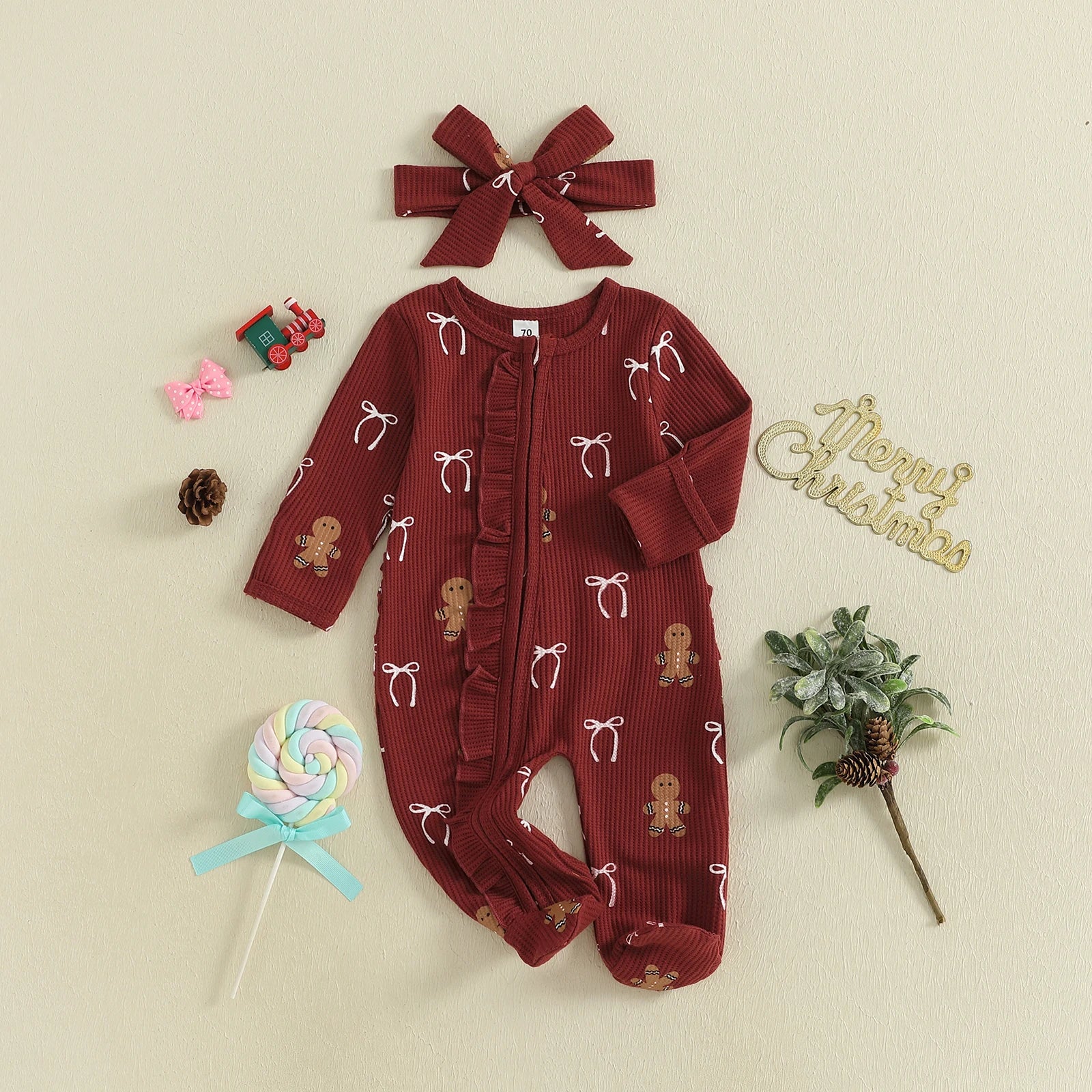 Baby Christmas Romper Set – Festive Candy Cane & Gingerbread Sleepsuit with Matching Bow