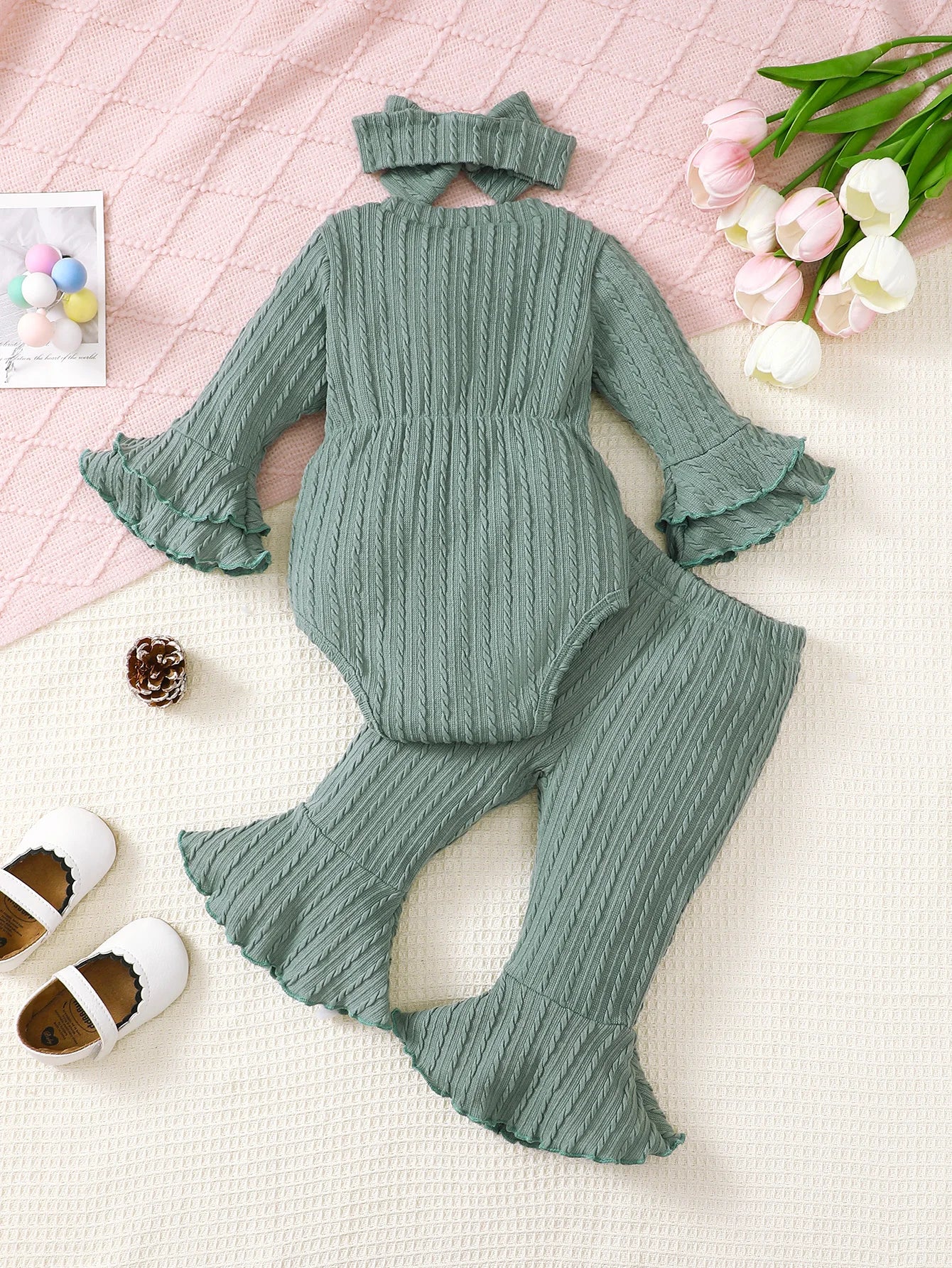 Baby Girl Knitted Ruffle Outfit Set – Long Sleeve Bodysuit, Flared Pants & Headband