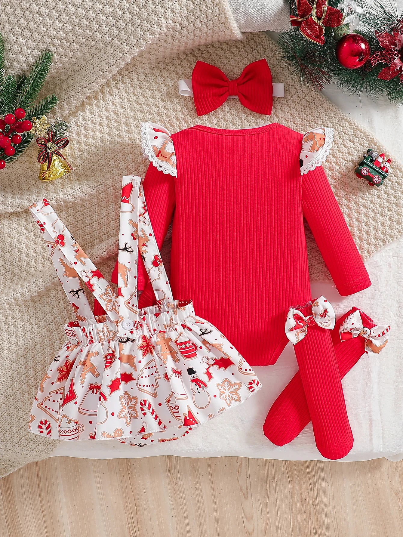 Baby Girl Christmas Outfit Set – My First Christmas Romper, Skirt & Bow