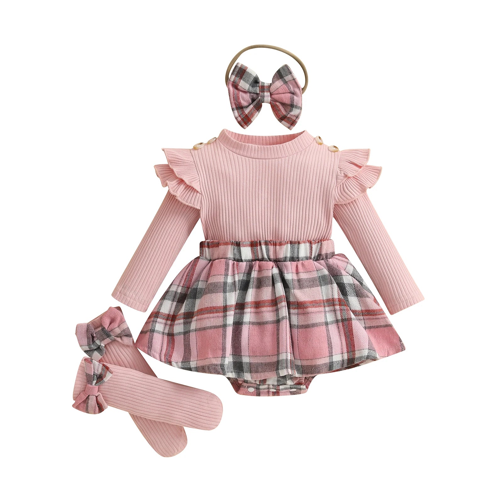 Baby Girls 3-Piece Plaid Outfit Set – Ribbed Top, Tartan Skirt & Bow Headband